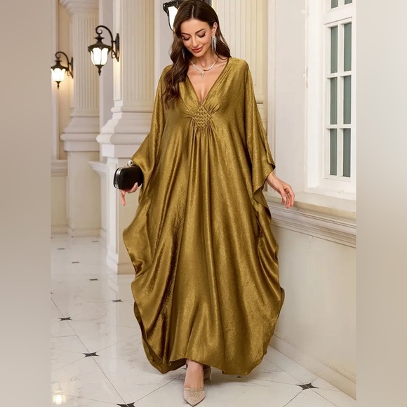 Elegant Golden Olive V-Neck Kaftan Dress for Women, Braided Batwing Sleeves - Picture 1 of 5